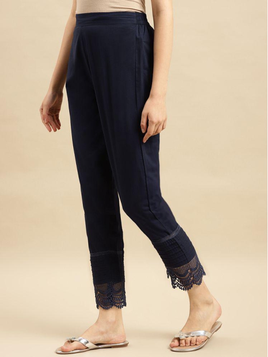 Rangita Women 100% Cotton Navy Blue Solid Calf Length Straight Pant - None