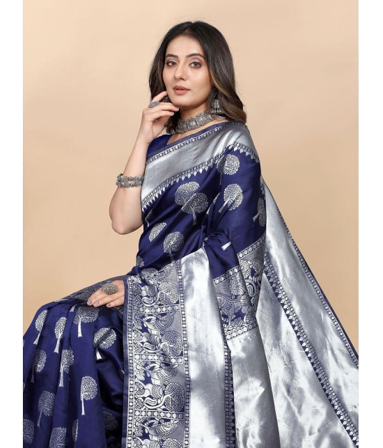 Gazal Fashions - Navy Blue Banarasi Silk Saree With Blouse Piece ( Pack of 1 ) - Navy Blue