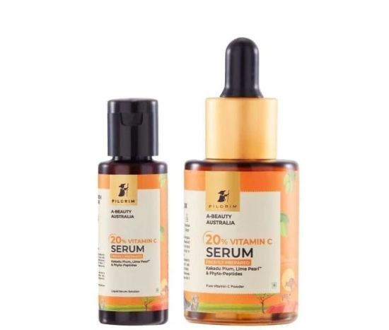 Pilgrim Australian 20% Vitamin C Serum (freshly made) for glowing skin with Kakadu Plum & Lime Pearl?| Non-irritating 99% Vitamin C Powder (EAA) + Liquid Serum solution | For women & men | 25 ml