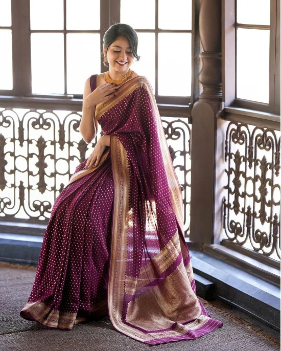 Wine Pure Banarasi Silk Weaved With Copper Zari Comes With Heavy Banarasi Brocade Blouse