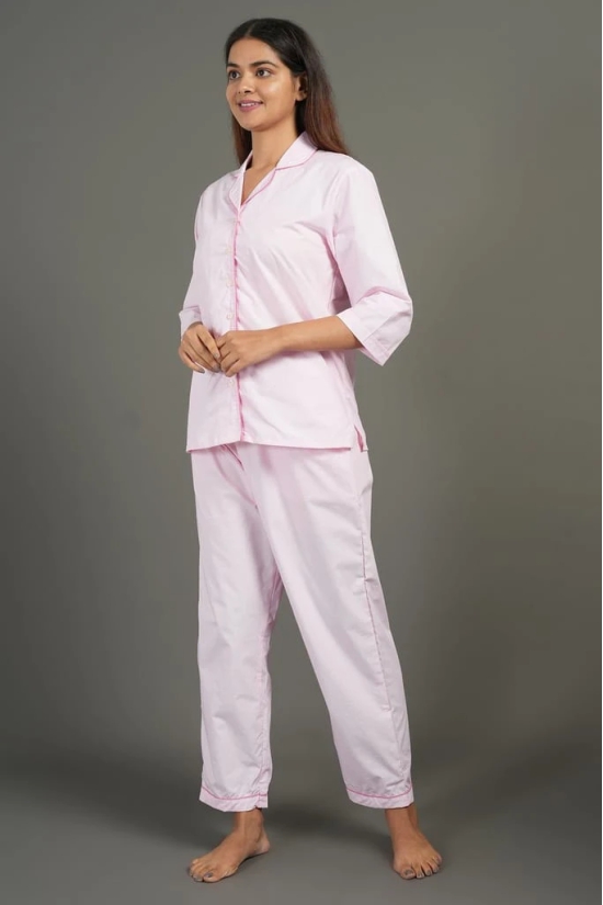 BREATHABLES Women Cotton Nightsuit Shirt and Pants Co-ord Set 3/4 Sleeve Notched Collar Comfort Loose Fit Pink(Night Wear | Co-ord set | Lounge Wear Set)