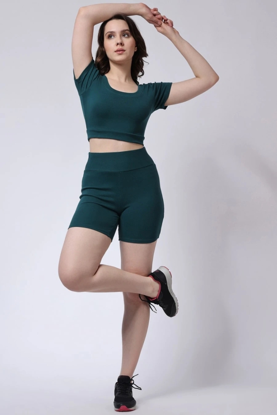 Womens Green Shorts and Half Sleeves Crop Top Gym Co-Ord Set-L / Green