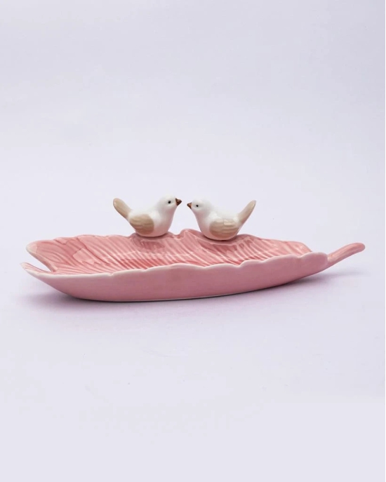 Jewellery Holder Tray, Crafted Bird, for Dressing Table, Ring Dash, Rectangular, Pink, Ceramic