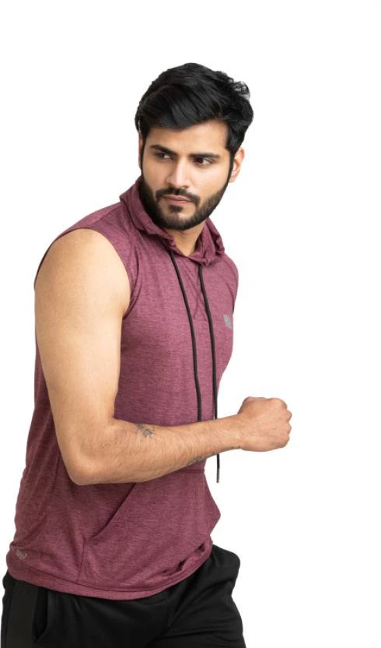 Men Solid Hooded Neck Polyester Maroon T-Shirt