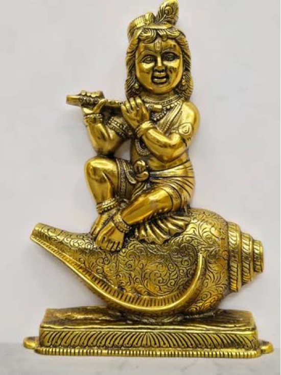 Aarna Creations Hand Carved Metal Krishna on Shankh| Beautiful Krishna Idol | Antique Golden Krishna Idol | Krishna |Krishna with Shankh Large