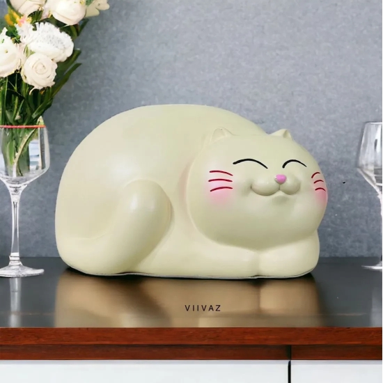 Kitty Tissue Holder-Mint Beige / Polyresin | Gloss Finish / H: 6 | L: 9 | W: 5 (Inches)