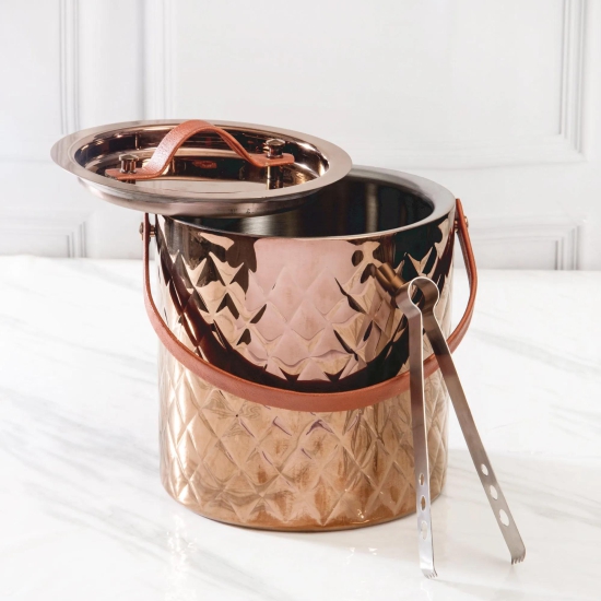 LEATHER HANDLE ICE BUCKET WITH TONG-Rose Gold