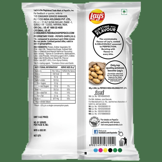 Lays Potato Chips - Chile Limon Flavour, Crunchy Chips & Snacks, 50G