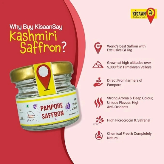 KisaanSay Kashmiri Saffron/Kesar/Keshar, 2gram, Premium Pack - A++ Grade, Saffron for pregnant women, Pooja rituals & Food aroma,baby saffron,saffron original kashmiri