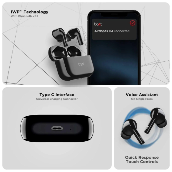 boAt Airdopes 163 | Wireless Earbuds with Massive Playback of upto 17 Hour, IPX5 Water & Sweat Resistance, IWP Technology, Type C Interface Pebble Black