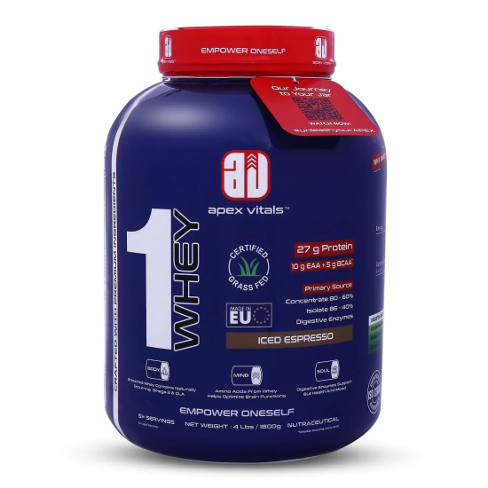 Apex Vitals 1 Whey - Grass-Fed Whey | 27g Protein, 10g EAA + 5g BCAA | Concentrate 80-60%, Isolate 86-40%, Digestive Enzymes | FDA, EFSA & FSSAI Certified|Iced Espresso - 4lbs