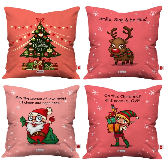 Indigifts Christmas Decorations for House Holiday Fun with Cute Christmas Characters Pink Set of 4 Cushion Cover 16x16 inches - Christmas Cushion, Xmas Decorations, Christmas Gifts