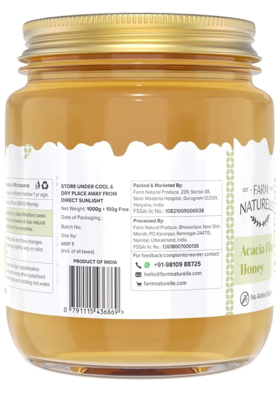 Farm Naturelle-Acacia Flower Wild Forest Honey|1000gm+150gm Extra and a Wooden Spoon| 100% Pure Honey, Raw Natural Un-Processed - Un-Heated Honey | Lab Tested in Glass Bottle.