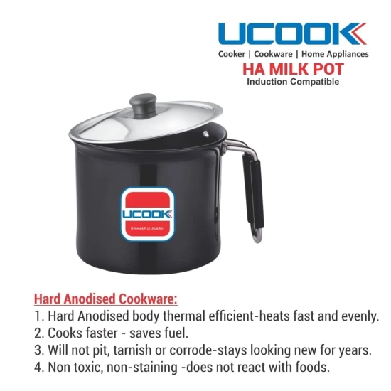 UCOOK by United Ekta Engg. Hard Anodised Induction Base Milk Pot, Milk Pan, Milk Boiler with Steel Lid, 2.25 Litre, Black