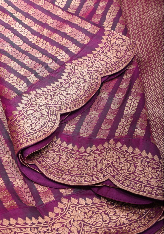 Purple Green Dual Tone Scalloped Border Banarasi Katan Silk saree with Zari Stripes| SILK MARK CERTIFIED