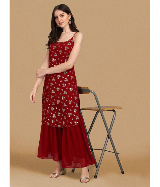 gufrina Georgette Printed Kurti With Sharara And Gharara Womens Stitched Salwar Suit - Maroon ( Pack of 1 ) - None