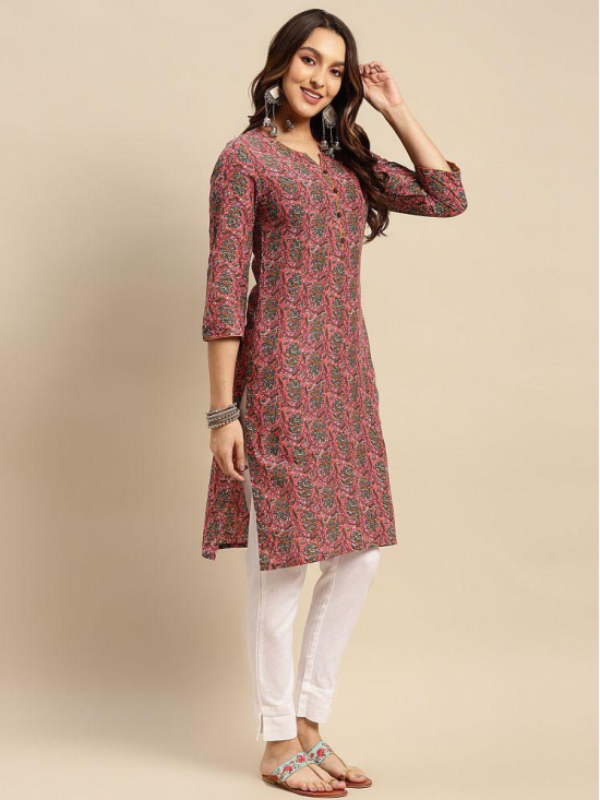 Rangita Women 100% Cotton Coral Floral Printed Knee Length Straight Kurti - None