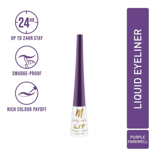 MyGlamm LIT Glossy Liquid Eyeliner - Purple Farewell (Medium Purple Shade) - 3.5ml | Up to 24hr Water-proof & Smudge-proof