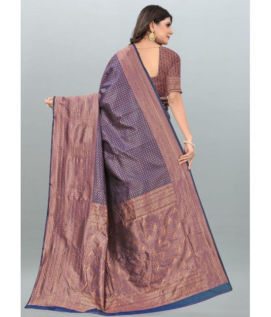 Om Shantam Sarees - Navy Blue Banarasi Silk Saree With Blouse Piece ( Pack of 1 ) - Navy Blue