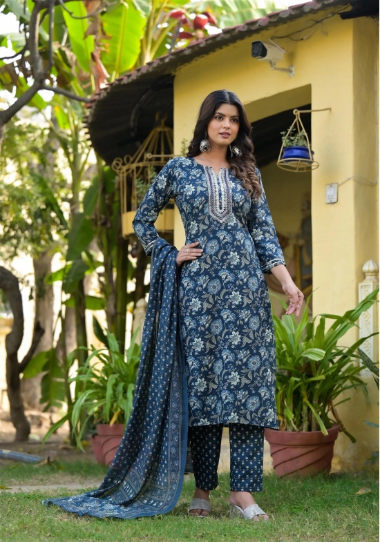 Blue Printed Straight Kurta Set with Bottom Wear and Dupatta-XXL