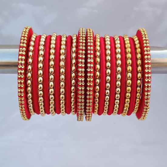 Stylish Alloy Women & Girl's Bagdi Thread Golden Moti Bangles | Golden Bangles | Alloy Bangles | Bagdi Thread Bangles | Fashion Bangles-100 (Red, 2.6)