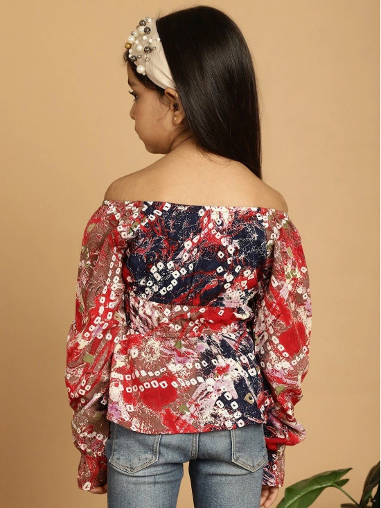 MINI & MING Girls Abstract Printed Off-Shoulder Puff Sleeves Gathered Bardot Top