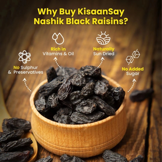 KisaanSay Premium Nashik Seedless Black Raisins 500gm, Solar Dried,No Added Sugar Kali Kishmish, No Sulphur & Preservatives, Raisins Dry Fruit, Kismis, Kishmish