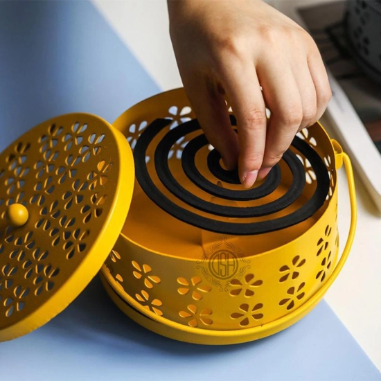 DSH Mosquito Coil Box with Handle Metal Hollow Out Mosquito Coil Holder Fireproof Incense Round Shape Coil Incense Burner (Yellow)