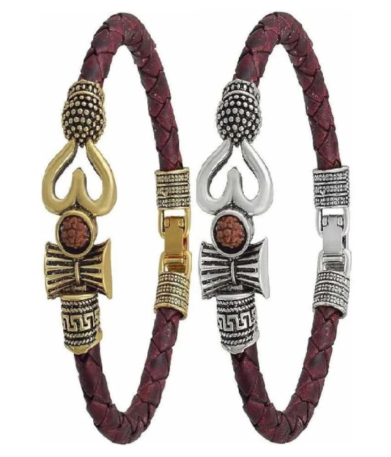 OM Trishul Damroo Designer Oxidized Gold & Silver Leather Kada Bracelet Set - None