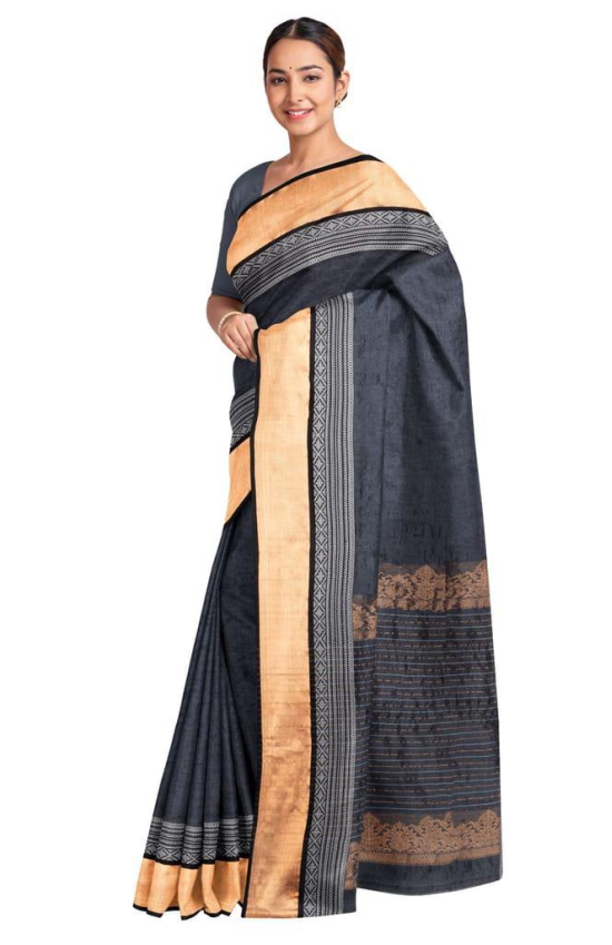 Handwoven Tussar Silk Jaquard Saree - Black