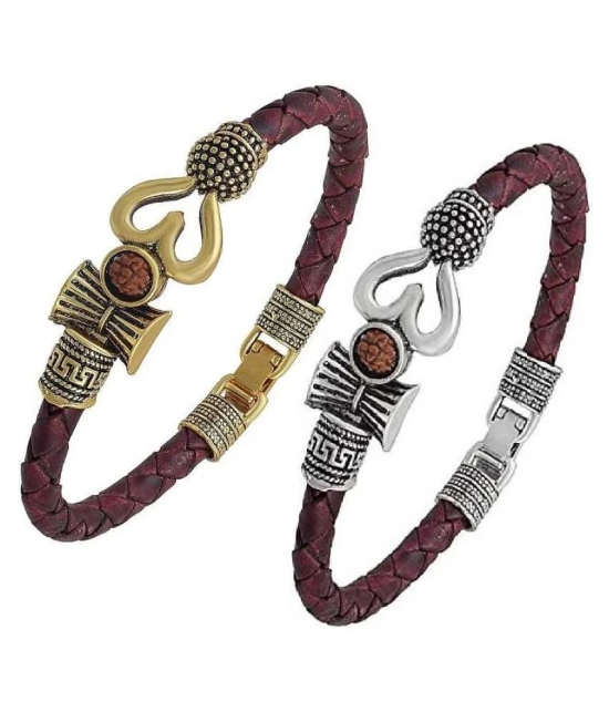 OM Trishul Damroo Designer Oxidized Gold & Silver Leather Kada Bracelet Set - None