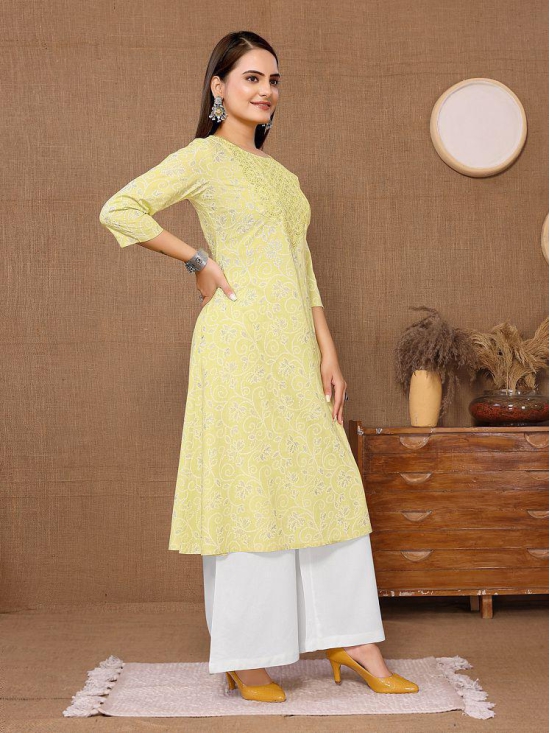 Rangita Women Rayon Yellow Embroidered Calf Length A-line Kurti - None