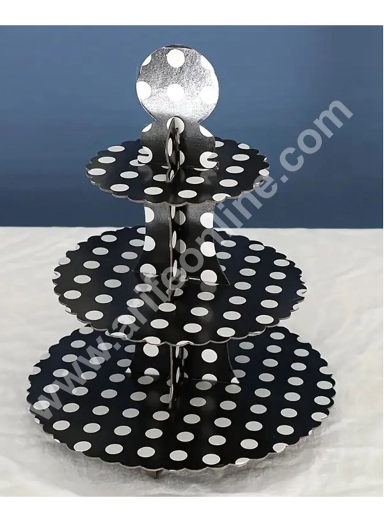 Cake Decor™ 3 Tier Large Polka Dots Printed Round Cardboard Cupcake Stand-BLACK