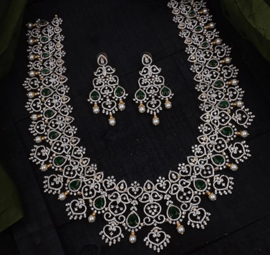  Stunning American Diamond and Emerald Necklace Set in Silver