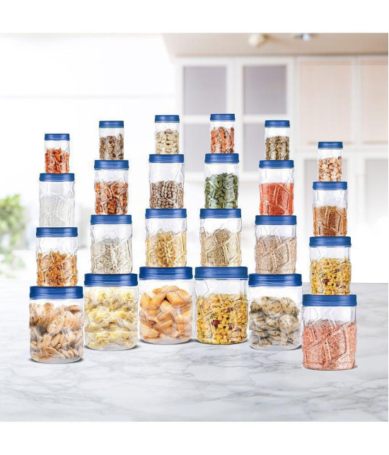 Milton Vitro Plastic Pet Storage Jar and Container, Set of 24 (6 pcs x 300 ml Each, 6 pcs x 700 ml Each, 6 pcs x 1.4 Ltrs Each, 6 pcs x 2 Ltrs Each), Blue - Blue