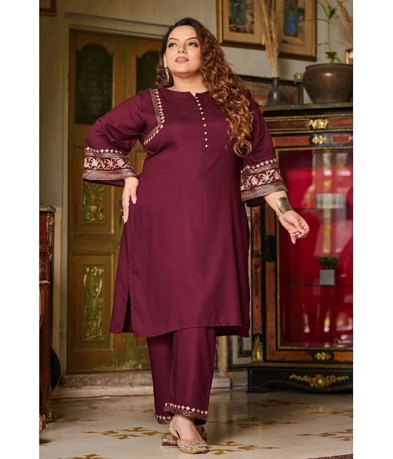 PrettyPlus by Desinoor.com Burgundy Embroidered Pant Top Set - None