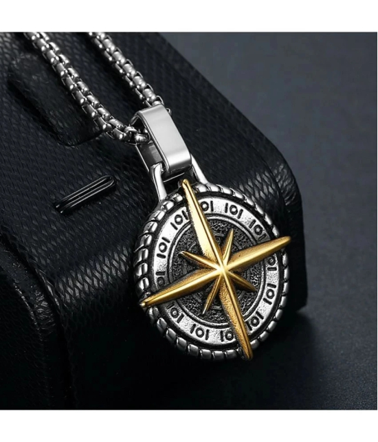 Fashion Frill Silver Chain For Men Stainless Steel Compass Silver Chain Pendant With Silver Bracelet For Men Boys Jewellery Combo - None