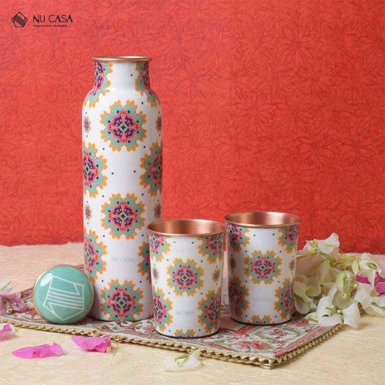 Festive White Print Copper Bottle with a set of 2 Glasses