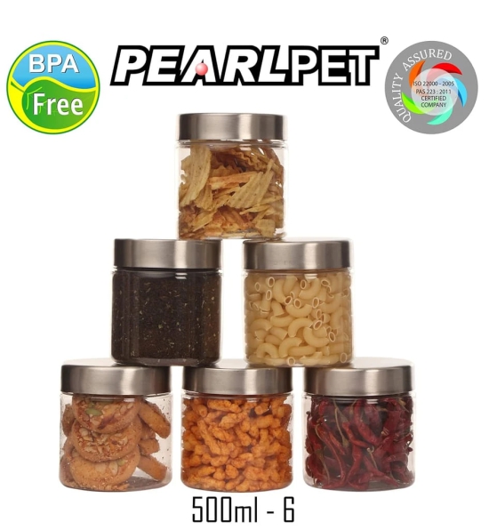 PEARLPET Transparent Plus Jar Container for Kitchen Storage Set with Stainless Steel Matt Finish Cap, 750 ML Set of 6 Pieces