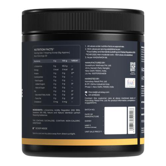 Nutrabay Gold L-Glutamine Supplement Powder - 180g, Lemon Flavor | Post Workout Amino Acid for Muscle Growth & Recovery