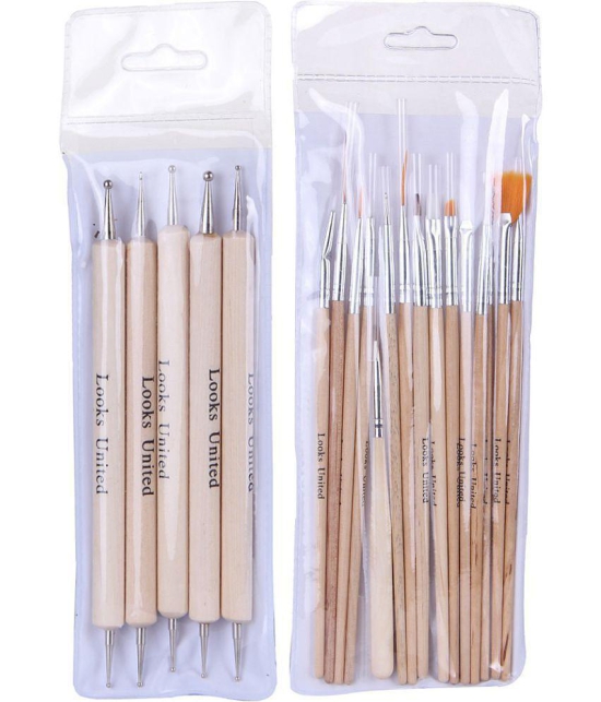 Looks United Pack Of 15 Nail Art Brushes And 5 Two Way Dotting Tools Wood Color (Pack Of 20)