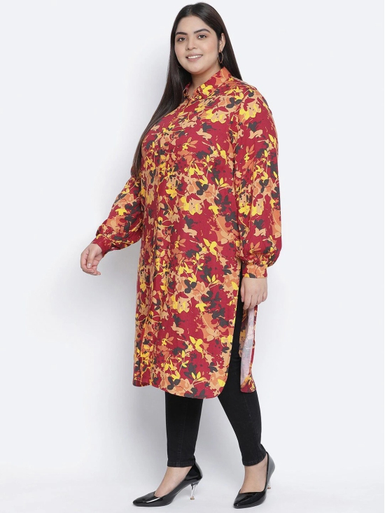 Oxolloxo Maroon & Yellow Viscose Rayon Shirt Collar Printed Tunic