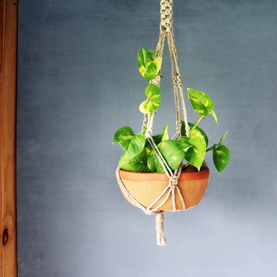 Handcrafted Terracotta Shallow Planter with Jute Macrame Hanger