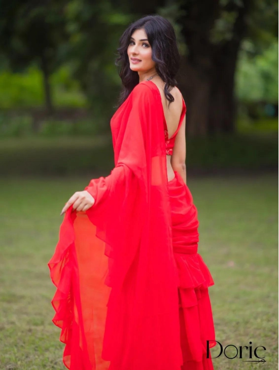 Red Georgette Pre Draped Saree by Dorie