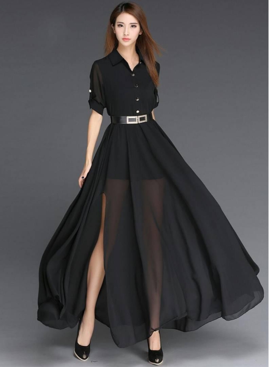 Georgette Black Solid Maxi Long Dress-L