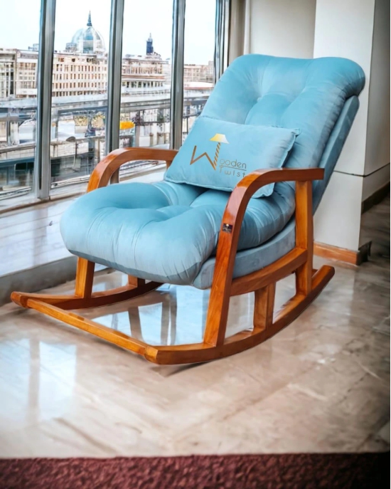 Rocking Chair Colonial and Traditional Super Comfortable Cushion Chair (Natural Polish)-Sky Blue