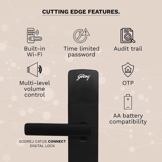 Godrej Catus Connect Smart Lock for Wooden Door With WiFi, Fingerprint, RFID Card, Pin & Mechanical Key - Black