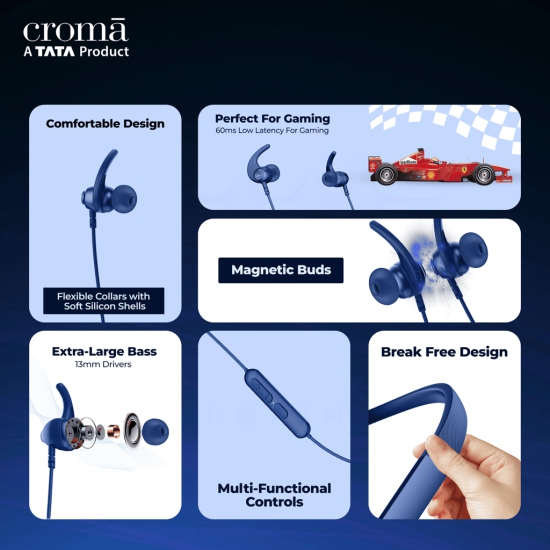 Croma Neckband with Environmental Noise Cancellation (IPX4 Water Resistant, Dual Device Pairing, Blue)