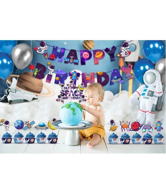 Zyozi Space Kids Space Birthday Party Decoration - Blue Astronaut Spaceship Theme Happy Birthday Banner Hanging Solar System Spiral Planet Card Childrens Gifts Cake Insert Supplies Set - Ass