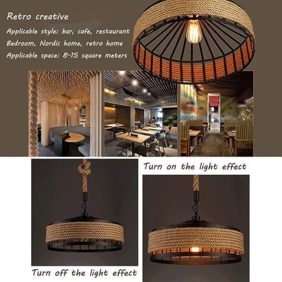 CEILING LIGHT, RETRO INDUSTRIAL IRON VINTAGE LOFT CEILING LAMP CHANDELIER RUSTIC HEMP ROPE IRON CANDLESTICK